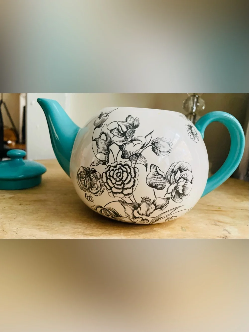 Certified International Jennifer Brinley Teal / Turquoise Floral Teapot w/Lid
